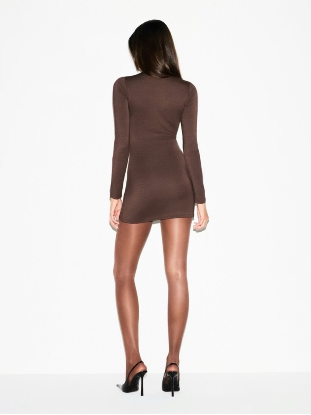 SKIMS NWT Smooth Layers Plunge Mini Dress - Espresso - Picture 4 of 5